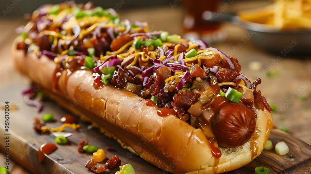 Loaded Jumbo Hot Dog with Excessive Savory Toppings Unhealthy Fast Food Snack Concept Loaded Jumbo Hot Dog with Excessive Savory Toppings Unhealthy Fast Food Snack Concept