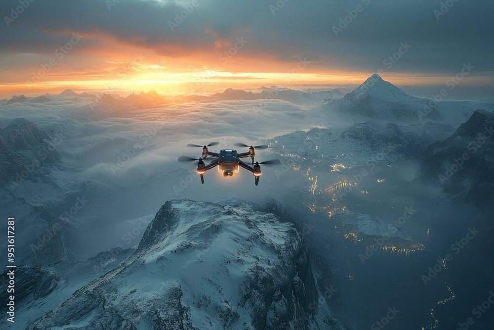 Drone Flying Over Snowy Mountains at Sunset Drone Flying Over Snowy Mountains at Sunset