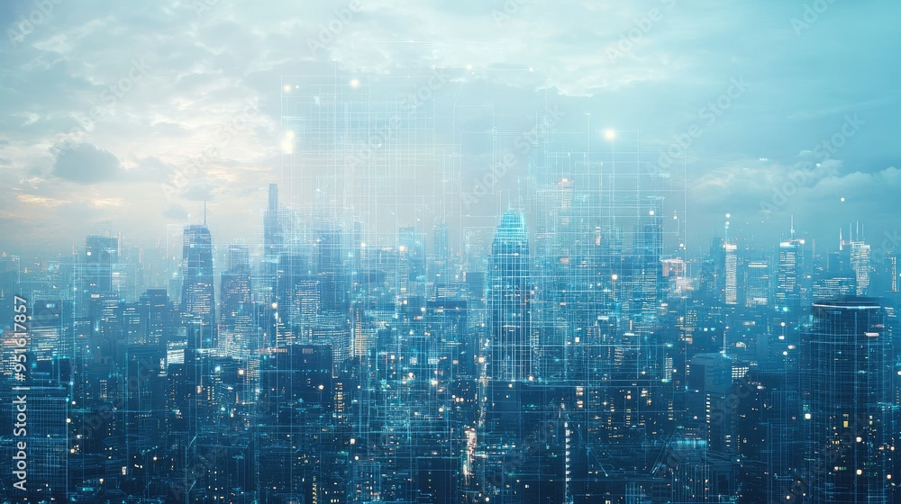 Futuristic cityscape with digital blueprints overlay Futuristic cityscape with digital blueprints overlay