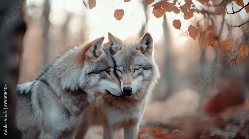 A pair of wolves nuzzling each other in a forest clearing filled with autumn hues, filmed with a softfocus lens to create an intimate, romantic moment