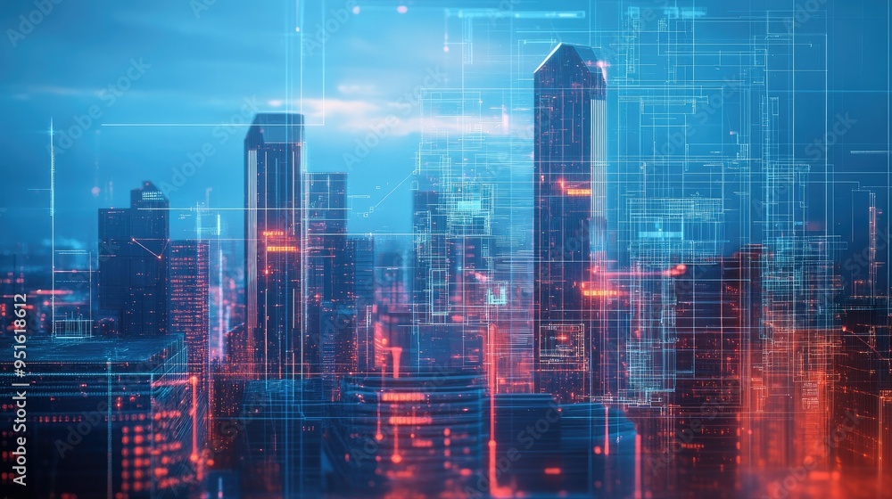 Futuristic cityscape with digital blueprints overlay Futuristic cityscape with digital blueprints overlay