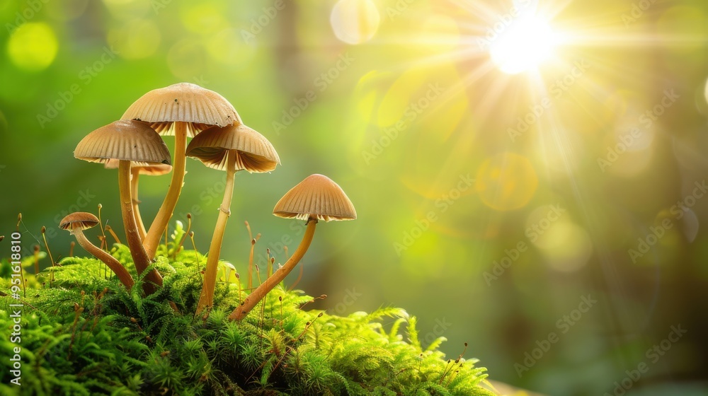 Fototapeta premium A cluster of mushrooms basking in sunlight on a bed of moss.