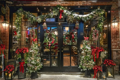 Festively decorated shop window with Christmas lights and wreaths