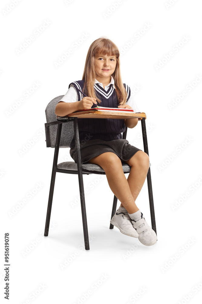 Girl in a school uniform sitting and writing Girl in a school uniform sitting and writing