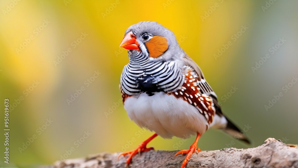 A colorful zebra finch perches on a branch, its vibrant plumage stands out against a soft yellow background. A colorful zebra finch perches on a branch, its vibrant plumage stands out against a soft yellow background.