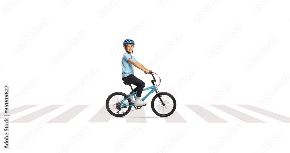 Obraz premium Happy boy riding a bicycle at a pedestrian crossing