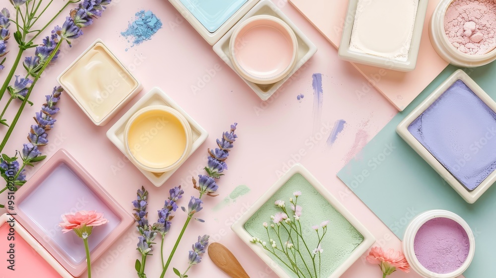 Spa Products with Lavender and Flowers on Pink Background Spa Products with Lavender and Flowers on Pink Background