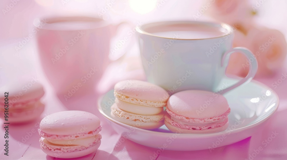 Pink Macarons and Teacup on Pink Tablecloth Pink Macarons and Teacup on Pink Tablecloth