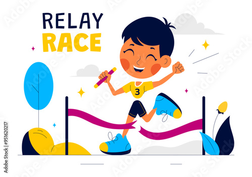 Relay Race Vector Illustration by Passing the Baton to Teammates Until Reaching the Finish Line in a Sports Championship on a Flat Cartoon Background