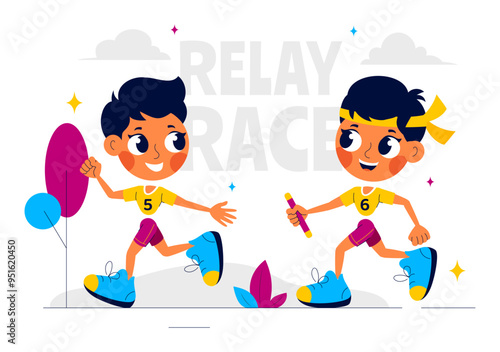 Relay Race Vector Illustration by Passing the Baton to Teammates Until Reaching the Finish Line in a Sports Championship on a Flat Cartoon Background