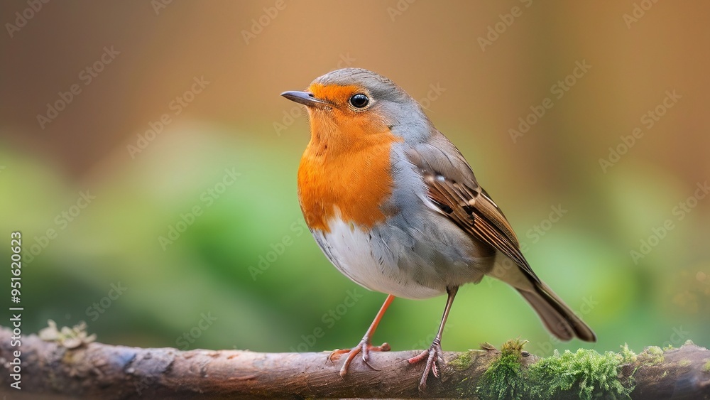 A European robin perched on a branch with a blurred background of green and brown hues. A European robin perched on a branch with a blurred background of green and brown hues.