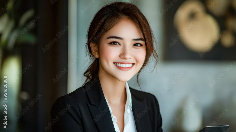 Welcoming business services, Asian woman with tablet in office Welcoming business services, Asian woman with tablet in office