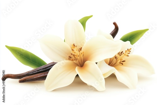 Light beige delicate vanilla flower with pods and leaves isolated on a white background with generative ai