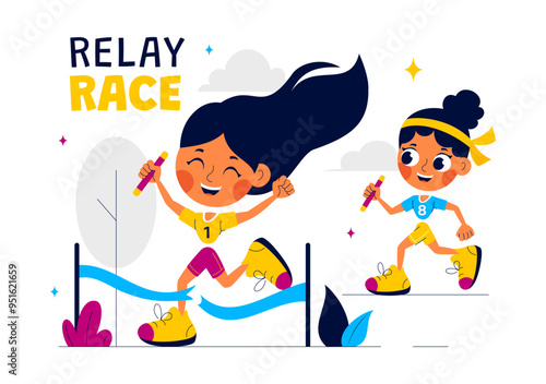 Relay Race Vector Illustration by Passing the Baton to Teammates Until Reaching the Finish Line in a Sports Championship on a Flat Cartoon Background