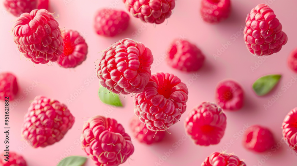 Vibrant raspberries floating gracefully against a soft pink background, perfect for culinary and health-related visuals.. Vibrant raspberries floating gracefully against a soft pink background, perfect for culinary and health-related visuals..