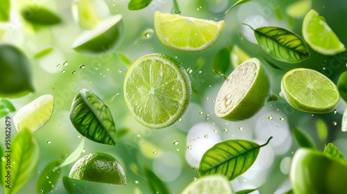 Falling juicy lime with green leaves isolated on transparent background. photo