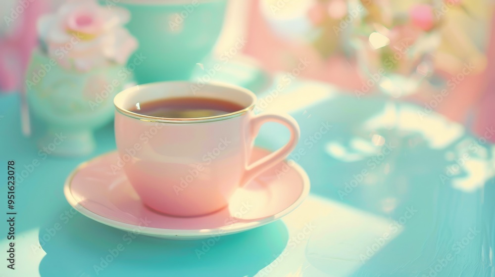 Teacup and Saucer on Blue Table with Pastel Colors and Soft Lighting Teacup and Saucer on Blue Table with Pastel Colors and Soft Lighting