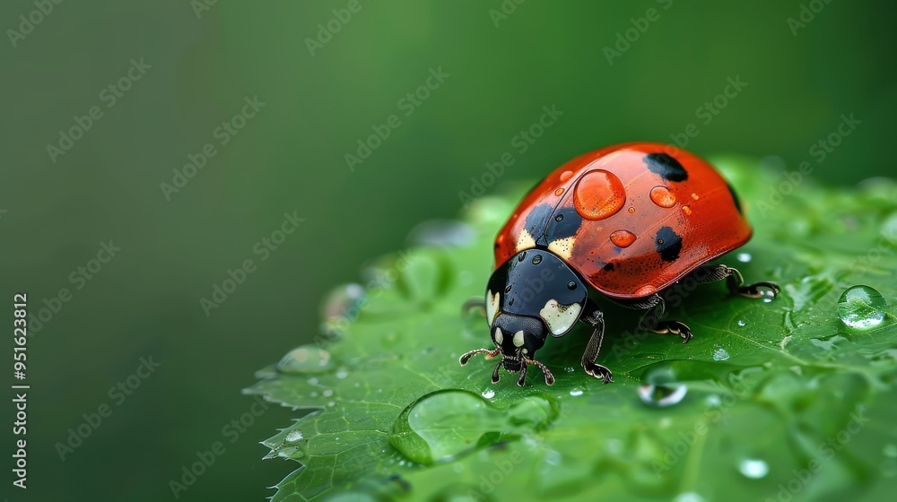 Garden Beauty: Ladybug Perched on Green Leaf with Raindrops. Garden Beauty: Ladybug Perched on Green Leaf with Raindrops.