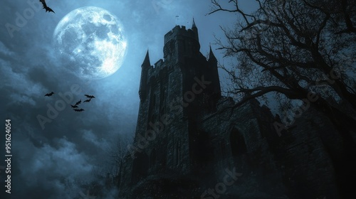 Graveyard cemetery to castle In Spooky scary dark Night full moon and bats on dead tree