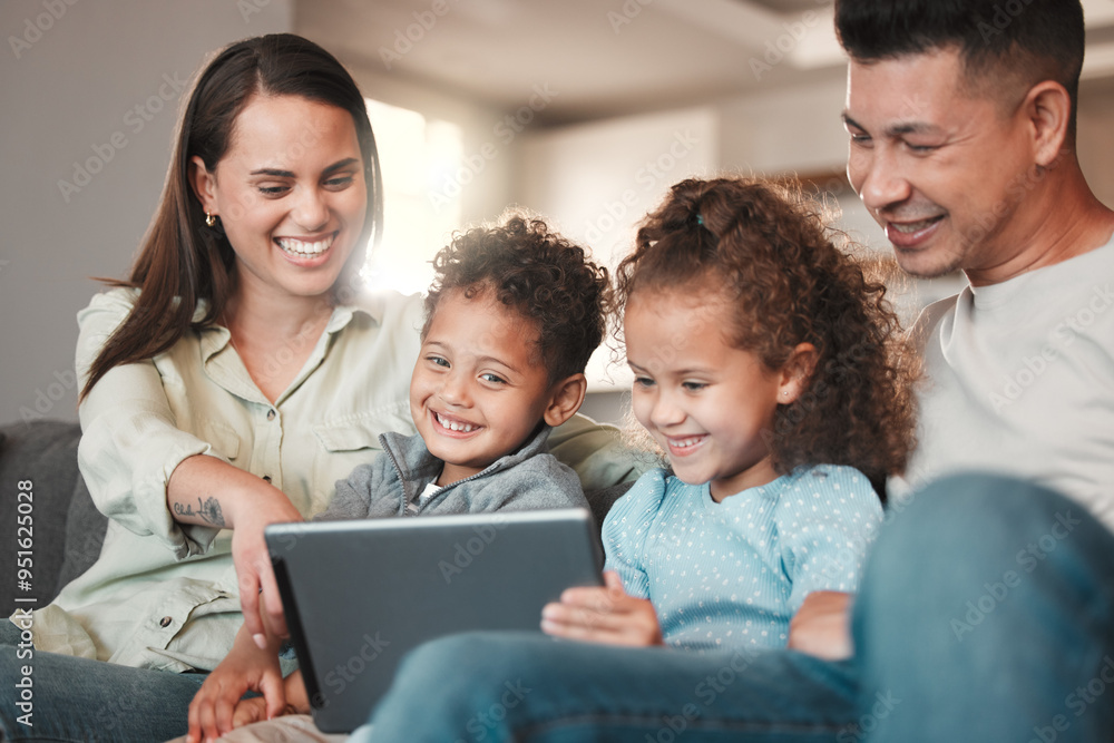 Parents, happy kids and tablet for videos in home, online subscription and laugh for comedy. Family, children and website for funny movie or series, bonding together and animation entertainment Parents, happy kids and tablet for videos in home, online subscription and laugh for comedy. Family, children and website for funny movie or series, bonding together and animation entertainment
