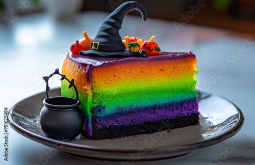 A Halloween cake slice with green, purple, orange layers, topped with a witch hat and cauldron photo