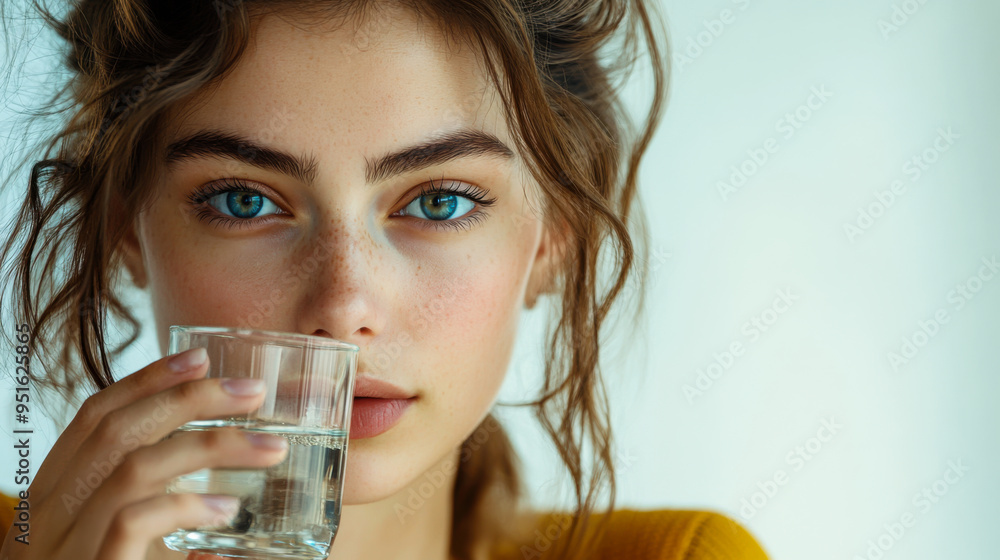Young woman enjoying a refreshing drink at home, captured in bright natural light while sitting by a window Young woman enjoying a refreshing drink at home, captured in bright natural light while sitting by a window