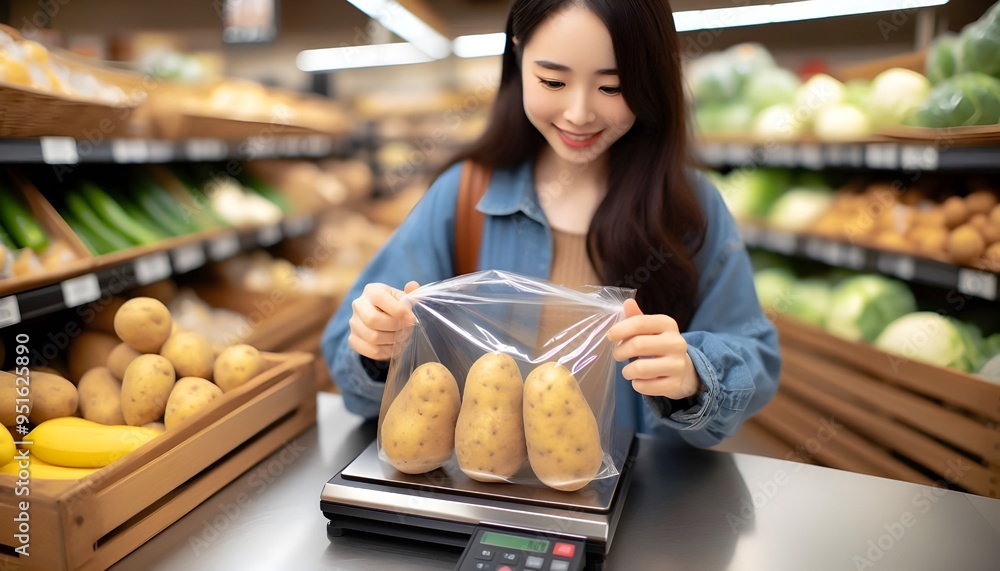 Customer weighing bags of potatoes in the vegetable section of the supermarket, generative AI