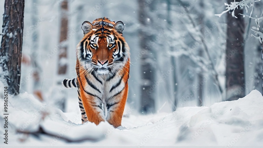 Φωτογραφία A majestic Siberian tiger walks through a snowy forest, its orange and black stripes standing out against the white background