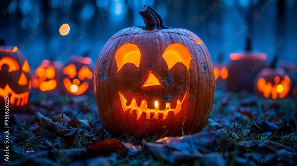 Fototapeta premium Jack-o'-Lanterns and Fog: Multiple Jack-o'-Lanterns glowing brightly amidst a thick, rolling fog, creating a classic Halloween visual. 