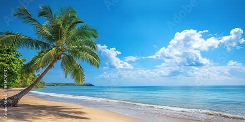 Beautiful tropical sea beach with palm tree and blue sky background.