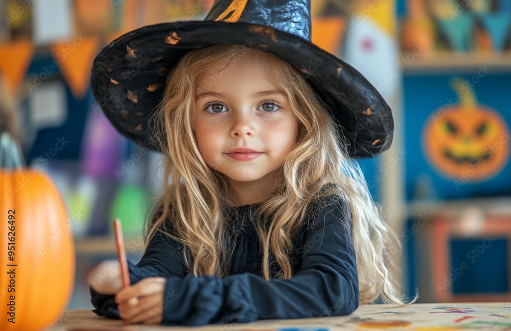 A little witch crafting at a Halloween decorated table in a kindergarten classroom A little witch crafting at a Halloween decorated table in a kindergarten classroom