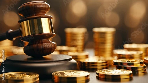 A wooden gavel rests on a block, stacks of gold coins.  symbolizes legal matters and financial wealth. photo