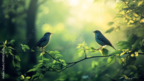An eumyias indigo flycatcher perches on a mossy tree branch in the Mount Lawu montane forest in East Java. The backdrop is a natural bokeh, and there is a blue bird perched on a bough. A natural bokeh