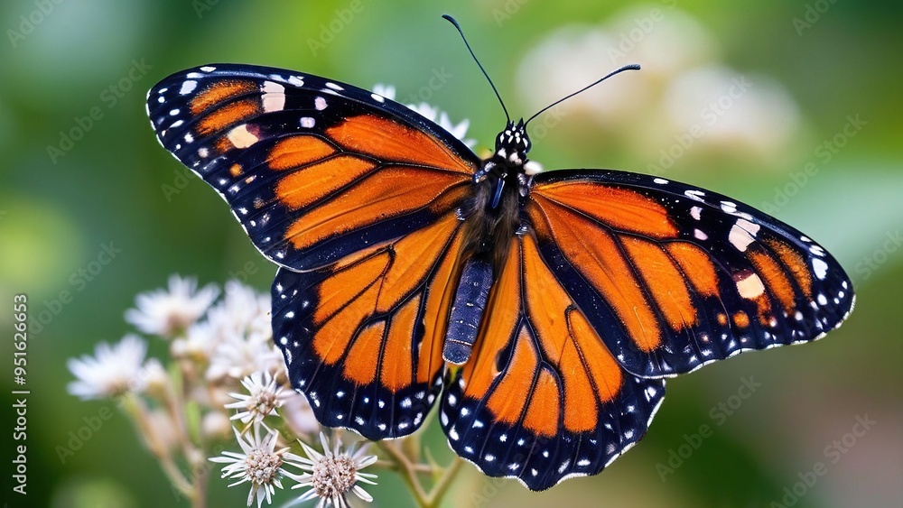 Fototapeta premium A monarch butterfly with orange and black wings perched on a white flower with green foliage in the background.