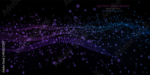 Abstract  background futuristic wave from dots with particles on black. Technology concept analytical  data.  Banner for business, science and technology data analytics. Big Data.