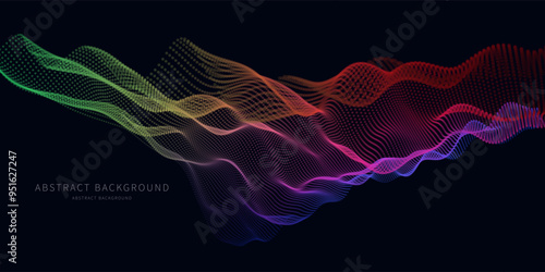 Abstract background wavy flow dots on dark. Technology concept analytical data. Banner for business, science and technology data analytics. Big Data. Vector illustration.