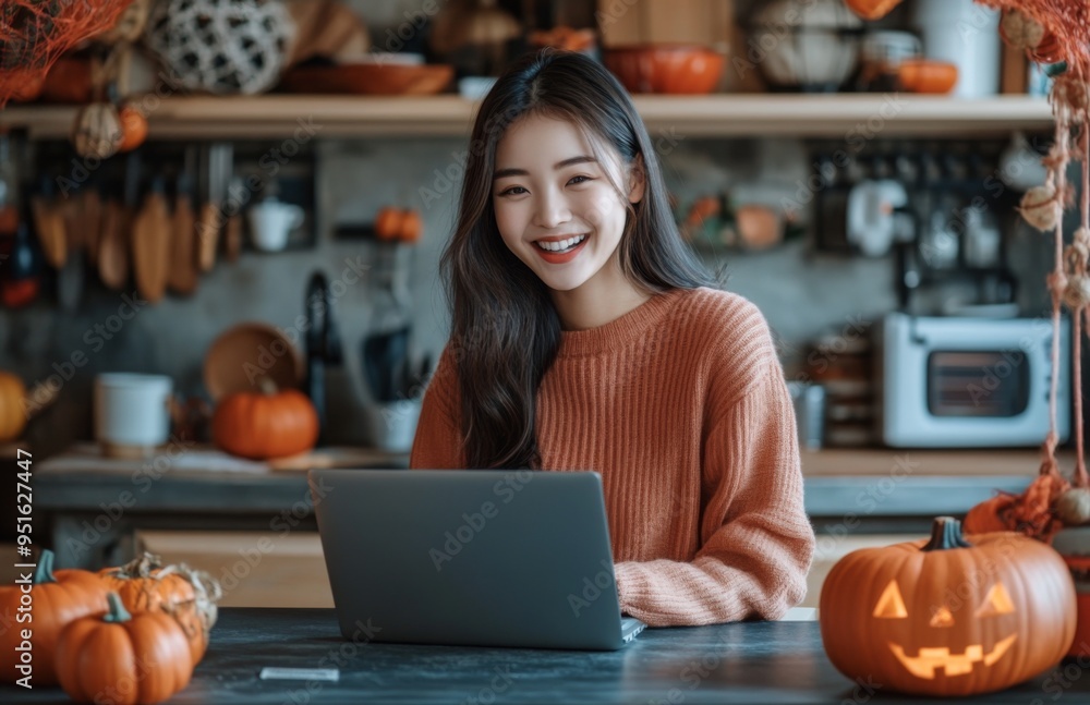 Young Asian woman laughs while shopping online for a Halloween party in her decorated kitchen Young Asian woman laughs while shopping online for a Halloween party in her decorated kitchen