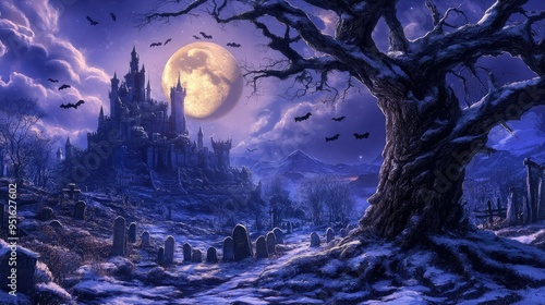 Graveyard cemetery to castle In Spooky scary dark Night full moon and bats on dead tree
