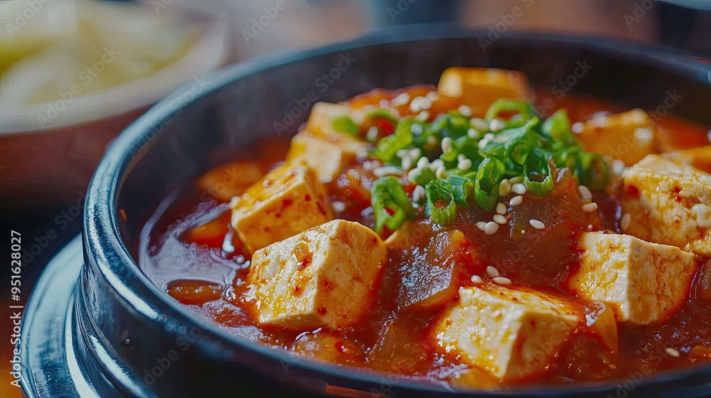 Close-up of a hot bowl of Korean Soft Tofu Stew, text background on vegetarian options Close-up of a hot bowl of Korean Soft Tofu Stew, text background on vegetarian options