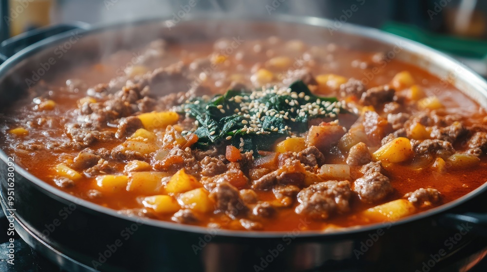 Close-up of a hot pot of spicy Korean Army Stew, text background with origins of the dish Close-up of a hot pot of spicy Korean Army Stew, text background with origins of the dish