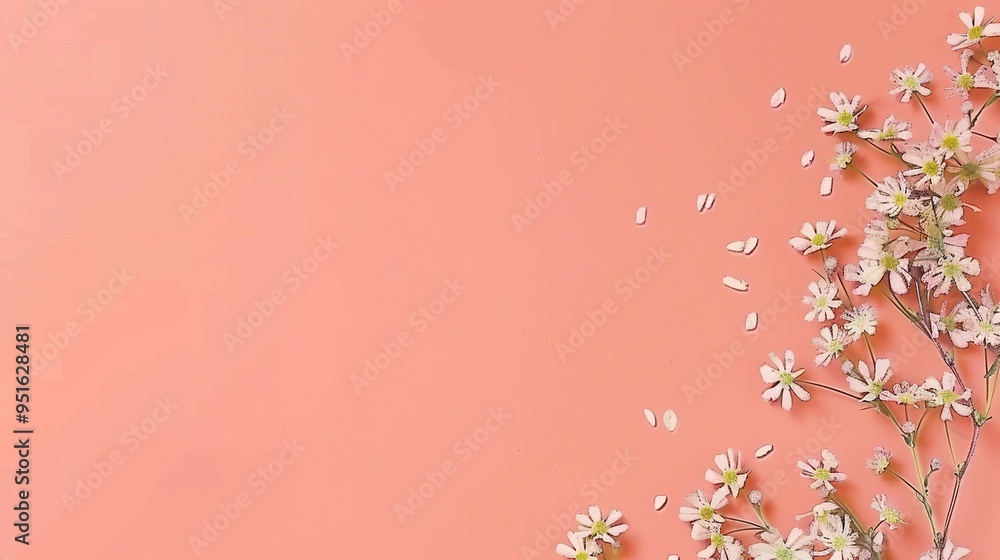 Minimalist Coral Red Background: Small Flowers on a Clean Background Simple Design Minimalist Coral Red Background: Small Flowers on a Clean Background Simple Design