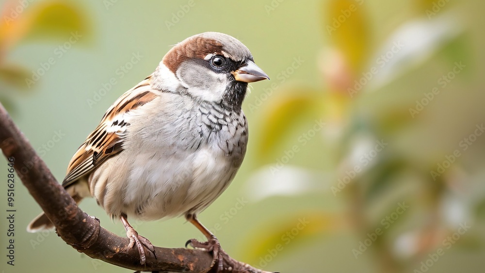 A small brown and white sparrow perched on a branch with a blurred green and yellow background. A small brown and white sparrow perched on a branch with a blurred green and yellow background.