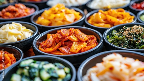 Close-up of colorful Korean side dishes Banchan, text background with serving ideas