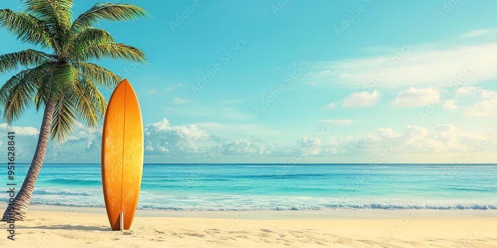 Obraz premium surfboard and palm tree on beach background