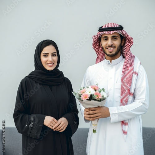 Arab man with his wife on white background
 photo