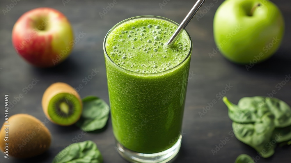 A healthy green smoothie made with spinach, apple, and kiwi, served in a tall glass with a metal straw, offering a nutritious and delicious fruit drink idea. A healthy green smoothie made with spinach, apple, and kiwi, served in a tall glass with a metal straw, offering a nutritious and delicious fruit drink idea.
