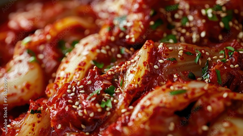 Close-up of fiery red Korean Kimchi, text background with tips on homemade recipes Close-up of fiery red Korean Kimchi, text background with tips on homemade recipes
