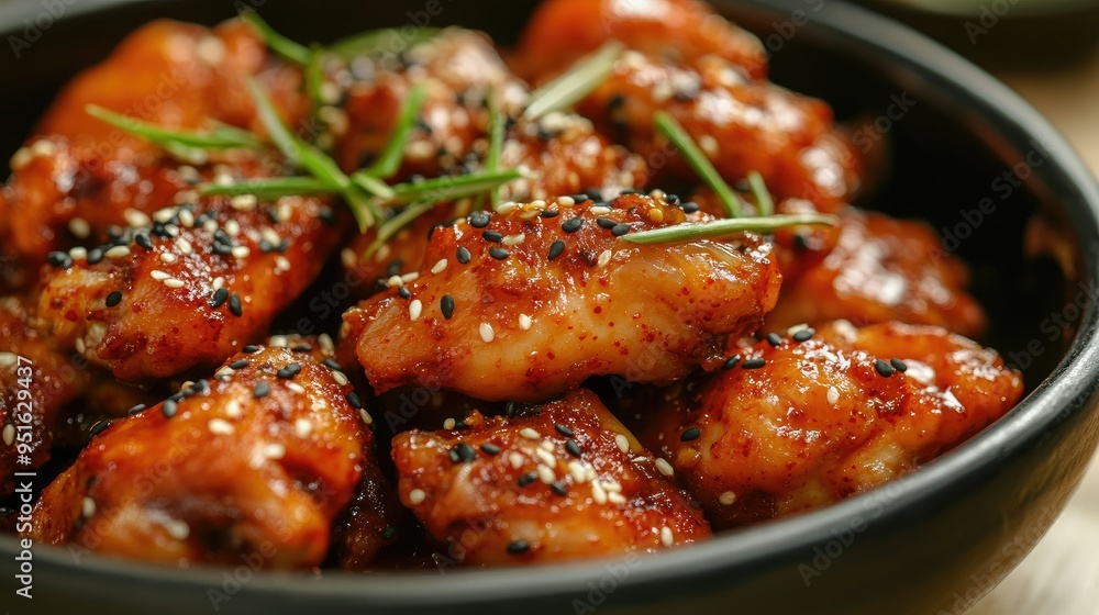 Close-up of Korean braised spicy chicken, text background with tips for making at home Close-up of Korean braised spicy chicken, text background with tips for making at home