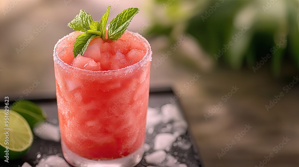 A refreshing watermelon cooler with lime and mint, served in a frosted glass with crushed ice, providing a perfect combination of sweet and tangy flavors. A refreshing watermelon cooler with lime and mint, served in a frosted glass with crushed ice, providing a perfect combination of sweet and tangy flavors.