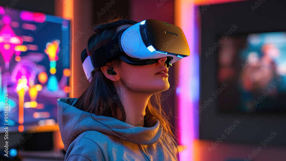 Virtual Experience: Woman Using VR to Explore the Digital World Virtual Experience: Woman Using VR to Explore the Digital World